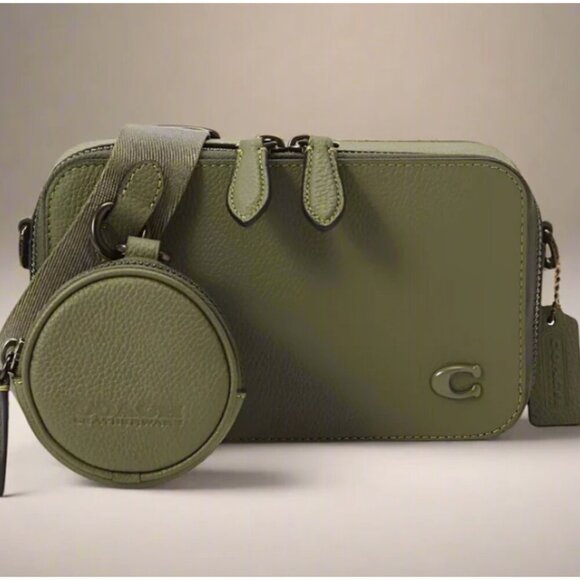 Coach Charter Slim Crossbody Bag Moss Pebbled Leather Round Pouch CC070 Small - Picture 1 of 12